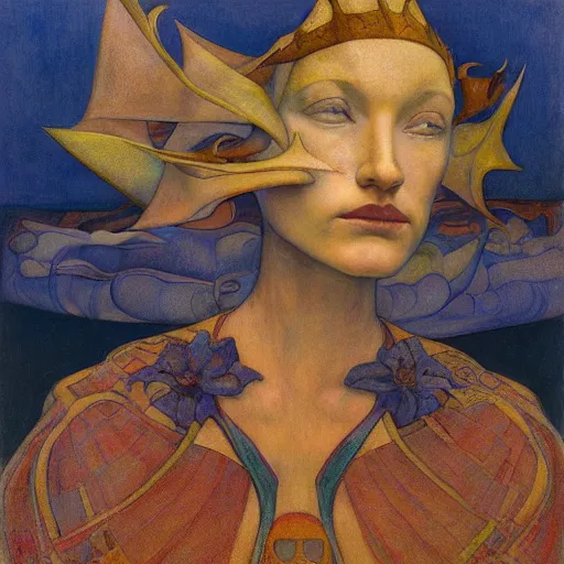 Image similar to the little robor queen, by annie swynnerton and diego rivera and lucien freud and jean delville, symbolist, dramatic lighting, elaborate geometric ornament, head and shoulders view, art brut, soft pastel colors, smooth, sharp focus, extremely detailed, adolf wolfli, leo and diane dillon, nicholas roerich