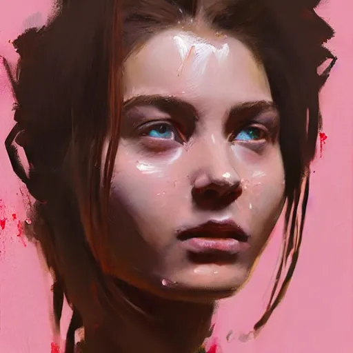 Image similar to greg manchess portrait painting of an female survivor in a bloody pink t shirt, goddess, wet flowing hair, bandage nose, shiny wet skin, medium shot, asymmetrical, profile picture, organic painting, matte painting, bold shapes, hard edges, street art, trending on artstation, by huang guangjian and gil elvgren and sachin teng