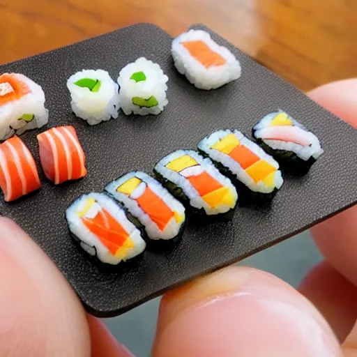 Prompt: miniature people making sushi