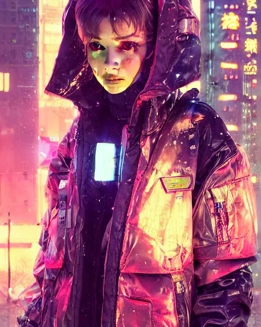 Image similar to detailed portrait neon operator girl, cyberpunk futuristic, neon, reflective puffy coat, decorated with traditional japanese by ismail inceoglu dragan bibin hans thoma greg rutkowski alexandros pyromallis nekro rene margitte, illustrated, perfect face, fine details, realistic shaded, fine - face, pretty face