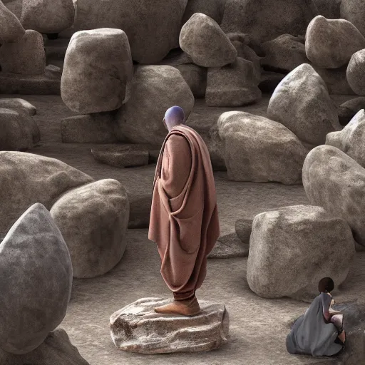 Image similar to stone priest in brown robes tending to his flock of granite children hyperrealistic, octane render intricate detail, ultra detail, in the style of moebius having a seizure in his mindpalace.