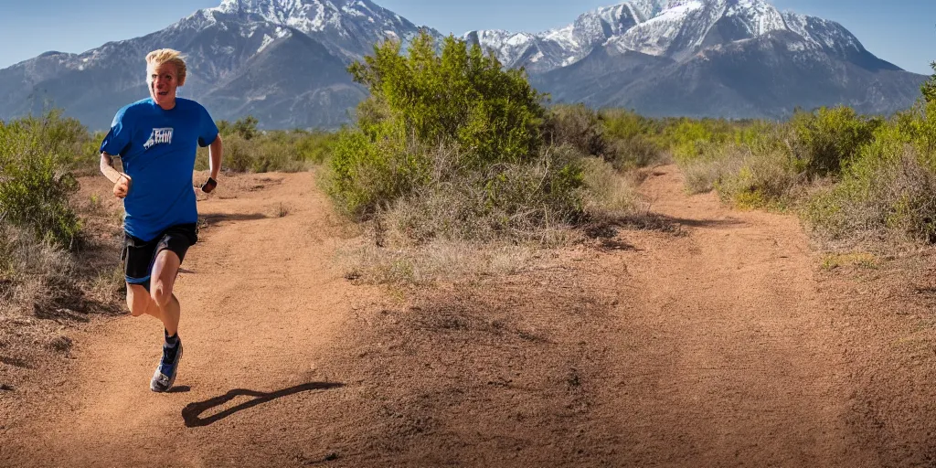 Prompt: tall white blond male running on a dirt trail with mountains in the background