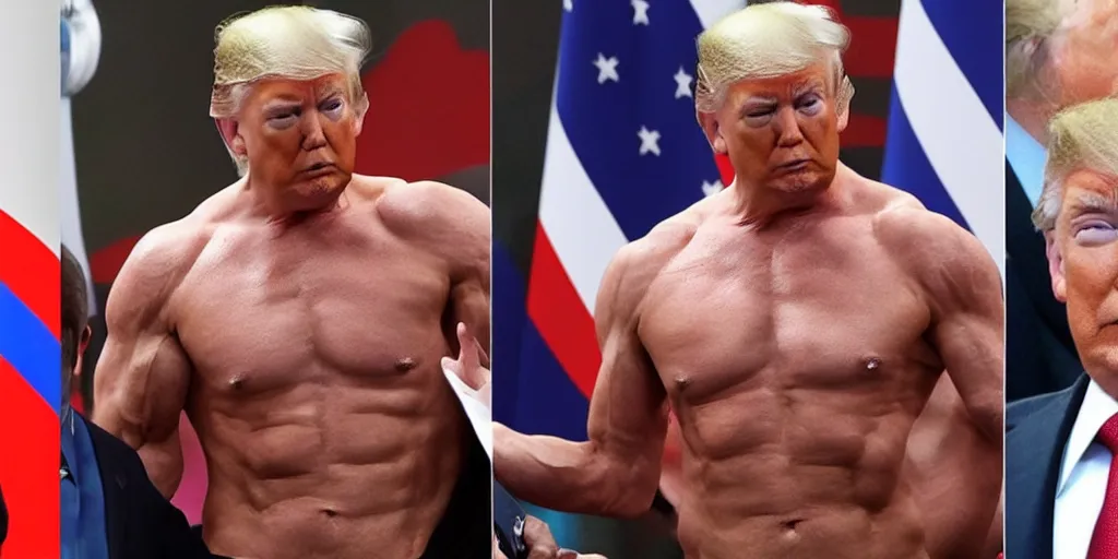 Prompt: trump, putin, muscular, oiled