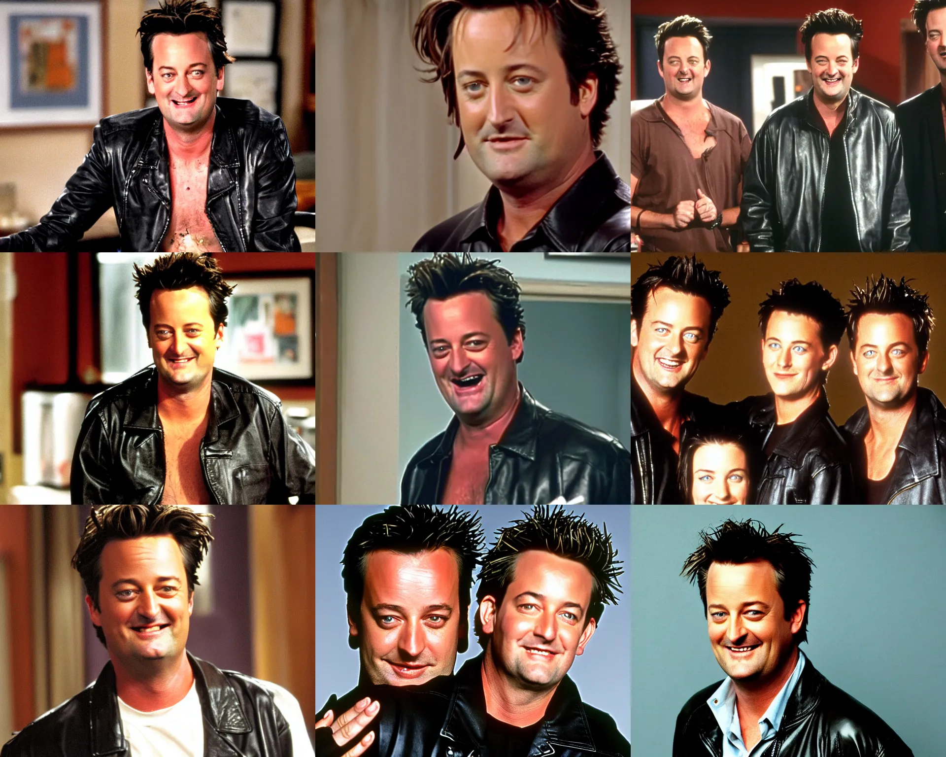 Prompt: matthew perry in his apartment smiling grinning blood all over his face and body wearing only a black leather jacket with bare chest exposed, looking at the camera, friends 9 0 s tv show screenshot