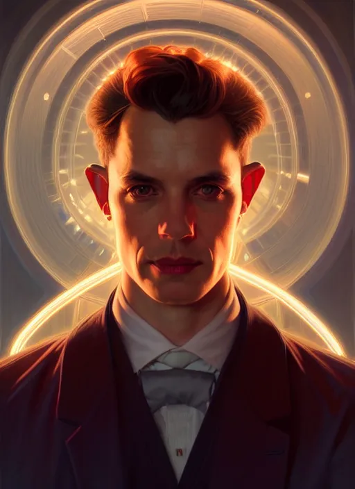 Image similar to symmetry!! portrait of nicola tesla male, chemisty, sci - fi, glowing lights!! intricate, elegant, highly detailed, digital painting, artstation, concept art, smooth, sharp focus, illustration, art by artgerm and greg rutkowski and alphonse mucha, 8 k