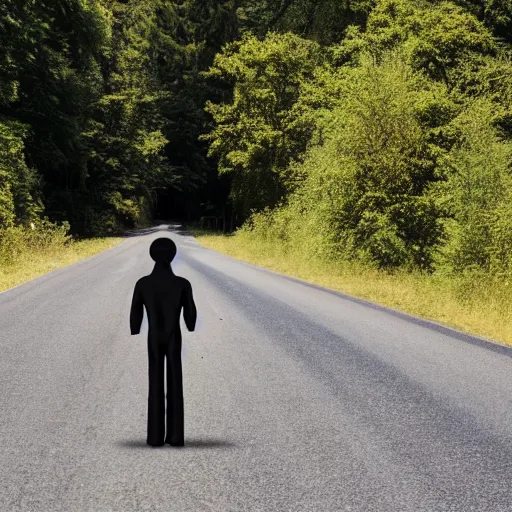 Prompt: a photo of two small humanoid aliens wearing tight black jumpsuits walking in a country road, creepy, highly realistic, summer day