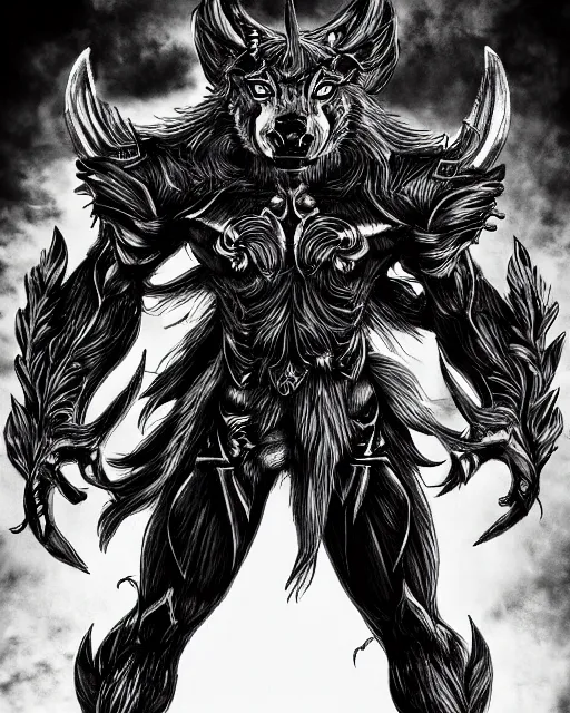 Image similar to A minotaur wolf, full body, black and white, fantasy art, monster art, in the style of masami kurumada, illustration, epic, fantasy, intricate, hyper detailed, artstation, concept art, smooth, sharp focus, ray tracing