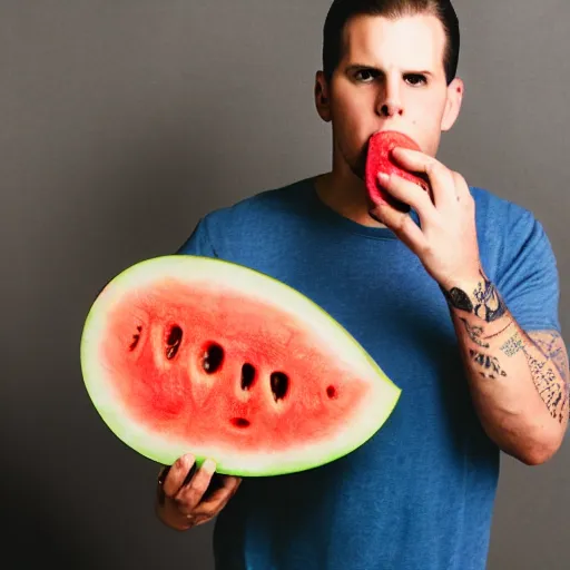 Image similar to portrait photo of matt shadows holding a watermelon, color, studio lighting