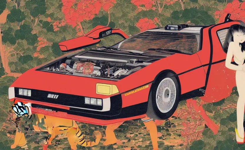 Image similar to a red delorean and a yellow tiger, painting by hsiao - ron cheng & utagawa kunisada, magazine collage style,