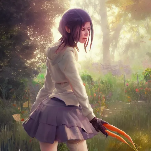 Image similar to carrots in a garden, huggy wuggy from poppy playtime video game, fullbody, ultra high detailed, oil painting, greg rutkowski, charlie bowater, yuumei, yanjun cheng, unreal 5, daz, hyperrealistic, octane render, rpg portrait, dynamic lighting, fantasy art, beautiful face