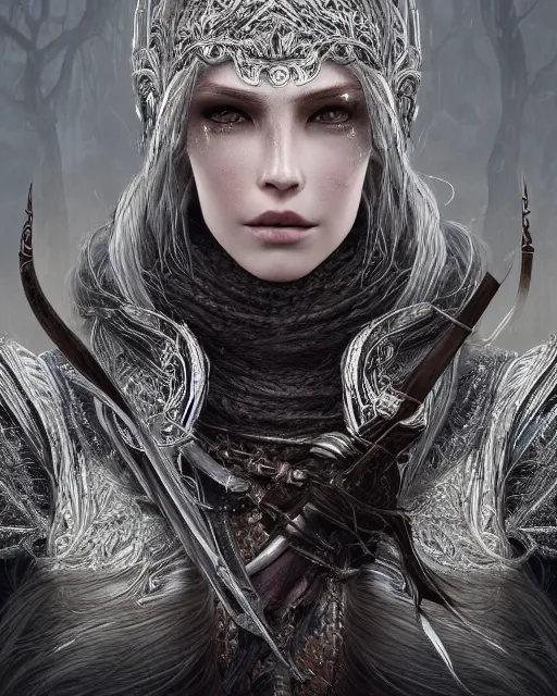 Image similar to highly detailed sharp photorealistic portrait of a beautiful female hunter with shimmering hair, symmetrical face and eyes, dressed in intricate silver, cgsociety, Elden Ring, Dark Souls, Bloodborne