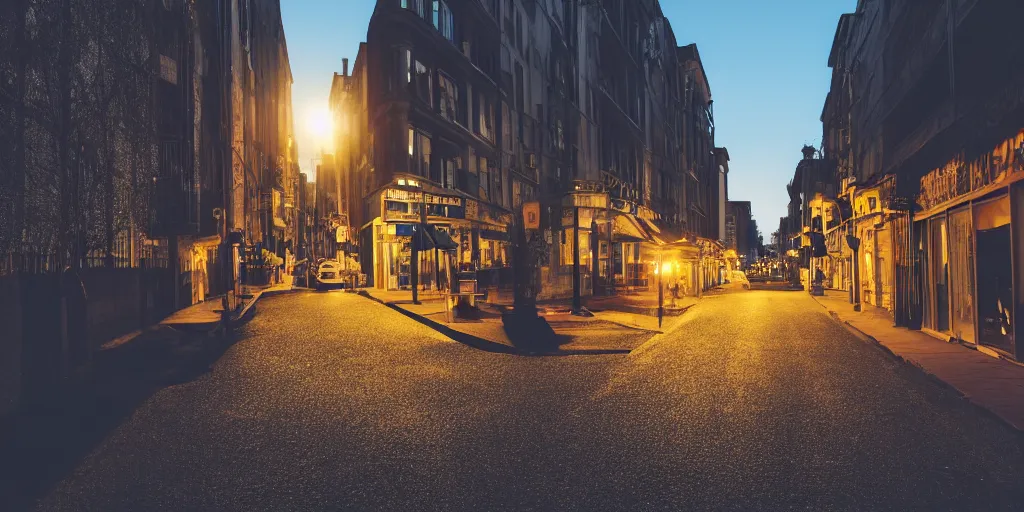 Prompt: night photo with sunlit street