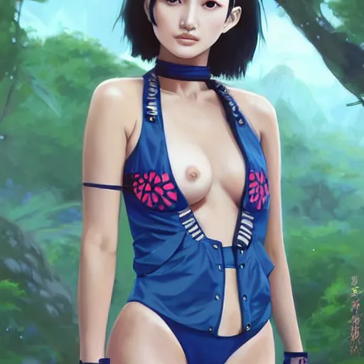 Image similar to a beautiful young japanese natalie portman alluring gravure model, stylized concept art, wearing elegant designer bomber jacket and one piece bikini, bomber jacket with mesoamerican patterns, mesoamerican native street fashion, princess mononoke, painted by ilya kuvshinov aesthetic, gorgeous, stunning, alluring, attractive, artstation, pinterest, digital art