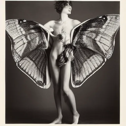 Image similar to a person with moth wings and a proboscis, large format film photograph by richard avedon