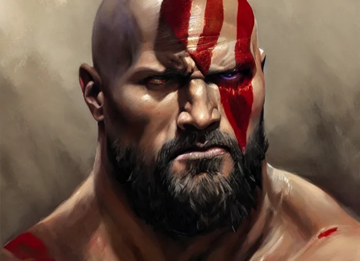 Image similar to a highly detailed beautiful portrait of dwayne johnson kratos hybrid god of war, by gregory manchess, james gurney, james jean, octane, fantasy