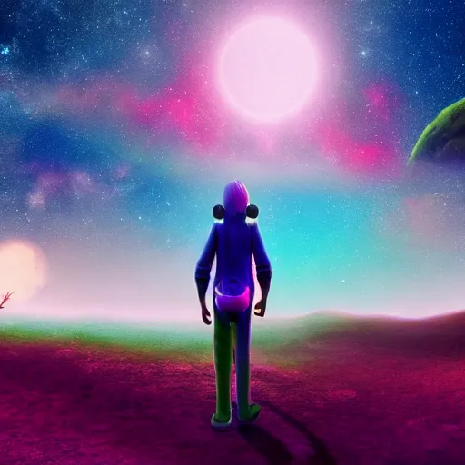 Image similar to weary traveller wandering through an alien world, by lisa frank, 4 k, beautiful, cinematic dramatic