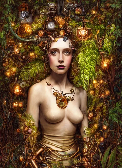 Image similar to oil painting of android woman covered by plants and crystals in the mystical forest, beautiful symmetrical face, renaissance style, wires and cords, golden steampunk, retro futurism, sci - fi, filigree jewellery, baroque, cinematic light, mystical shadows, 8 k