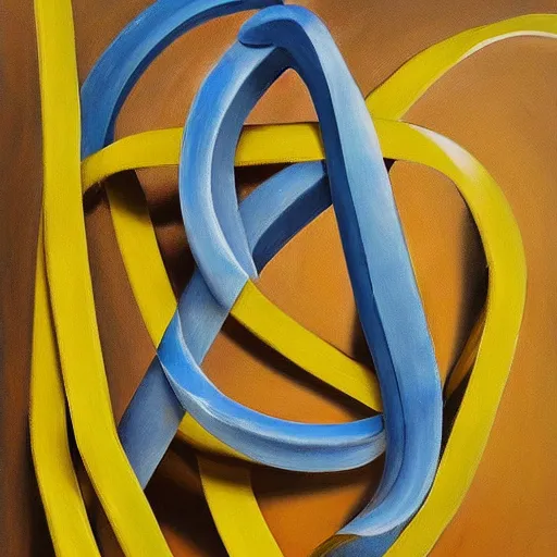 Prompt: an abstract sculpture with a yellow ribbon. conceptual art, abstract art, surrealist oil painting, still life painting, wikiart, high detail, behance