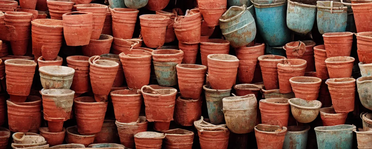 Image similar to spaghetti being stored in ancient terra cotta pots, middle east, fine detail, canon 5 0 mm, in the style wes anderson, kodachrome, retro