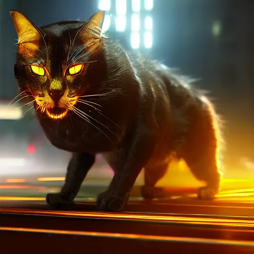 Prompt: cyberpunk cat, ethereal lights, unreal engine, sharp focus, octane render