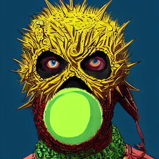 Prompt: a tennis ball monster wearing a balaclava and jewelry , digital art, fantasy, magic, trending on artstation, ultra detailed, professional illustration by Basil Gogos