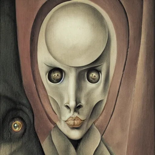Image similar to a creature with distinct personality by ashley wood, leonora carrington, hieronymus bosch and mark ryden, alone in a hotel room : : close - up portrait through a mirror : : surrealist artwork : : ultra - detailed technical precision : : matte painting, high definition 3 d render, unreal engine