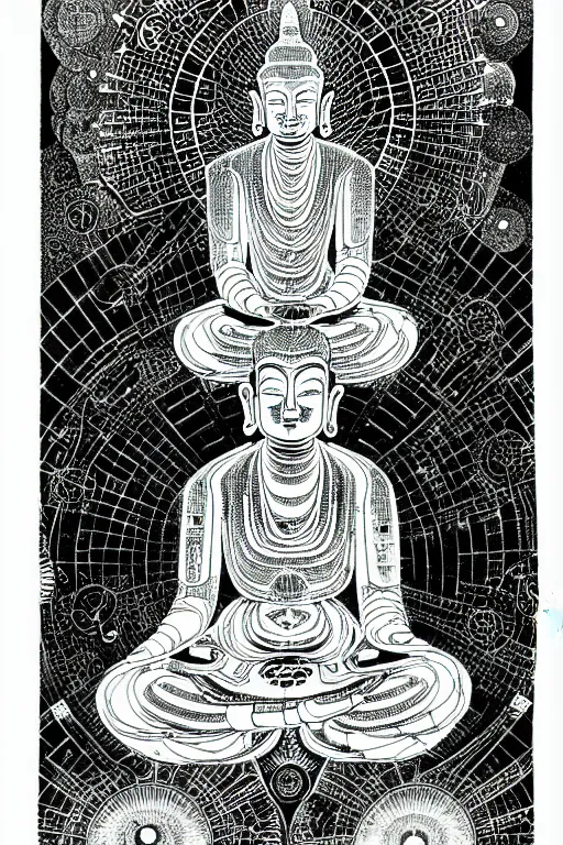 Prompt: a black and white drawing of awakened ancient futuristic japanese buddha mech meditating, bioluminescence, a detailed mixed media collage by eduardo paolozzi and ernst haeckel, intricate linework, sketchbook psychedelic doodle comic drawing, geometric, deconstructivism, matte drawing, academic art, constructivism