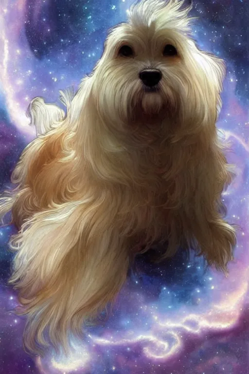 Prompt: a cream-colored Havanese dog in a beautiful nebula, water color, art by artgerm and greg rutkowski and alphonse mucha and jin xiaodi and anthony devine