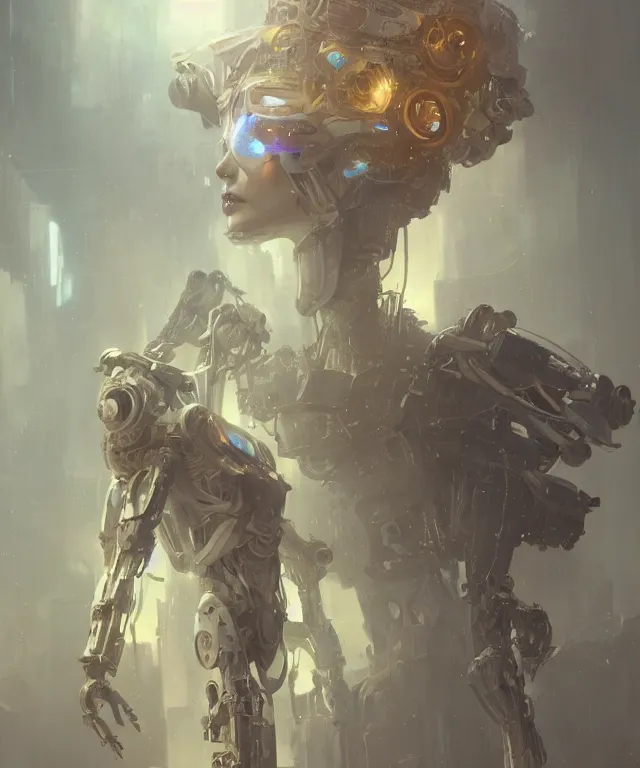 Prompt: a 4k cinematic full view ethereal android wearing an intricate mecha cyberpunk bone crown , Unreal Engine 5, God Rays, Lumen, by Peter Mohrbacher, by Ruan Jia, by Greg Rutkowski, by Leonardo Da Vinci, detailed and realistic, poetic and symbolic, rule of thirds, golden ratio, Trending on Artstation