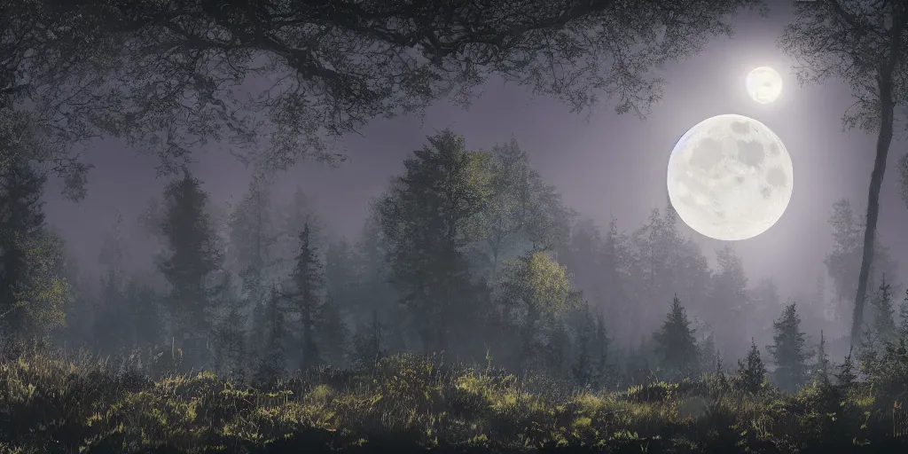 Prompt: a moonlit clearing in the woods, gridless tabletop roleplaying game map, top - down perspective, beautiful, 8 k, high quality digital art