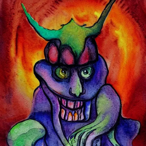 Image similar to whimsical watercolor painting of a demon, in the style of a. a. milne