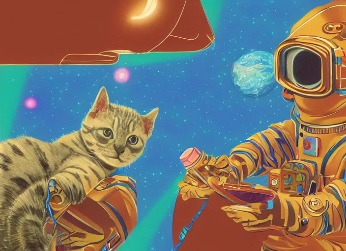 Prompt: coloring book drawing of an astronaut kitten from a musical sparkly digital space opera, Animated film, volumetric lighting, octane render, directed by wes anderson, Vladimir kush, m.c Escher