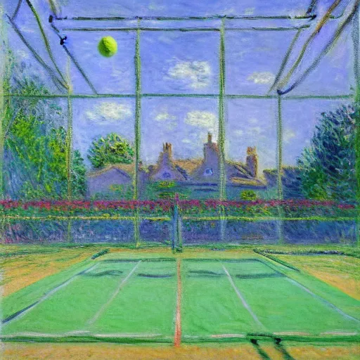 Image similar to tennis court, art by claude monet, impressionism, oil painting, bright colors, advertising painting