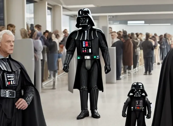 Prompt: film still of Darth Vader waiting in line at the bank in the new Star Wars movie, 4k