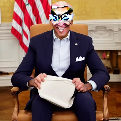 Image similar to joe biden smiling while wearing a maid costume