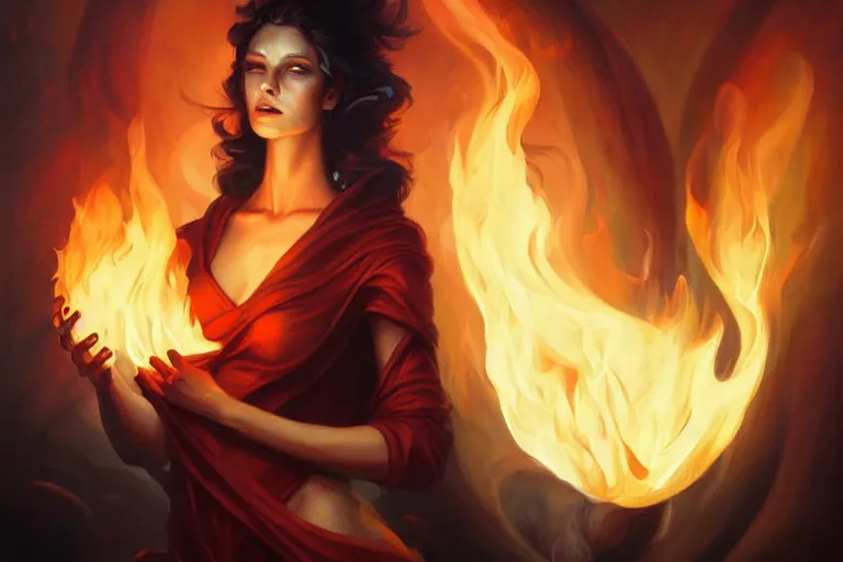 Prompt: fantasy portrait of a woman holding a flame in her hand, peter mohrbacher, artgerm, James Jean