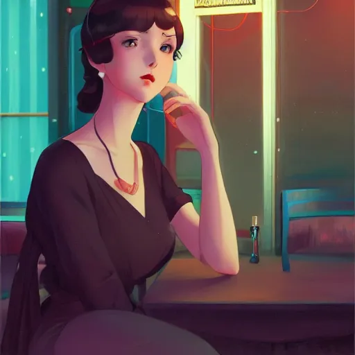 Image similar to portrait of beautiful girl with dark hair dressed in 1920's style, sitting in cafe alone, nighttime, low-key neon lighting, 4k, HQ, official media, anime key visual, makoto shinkai, ilya kuvshinov, lois van baarle, rossdraws, detailed, trending on artstation