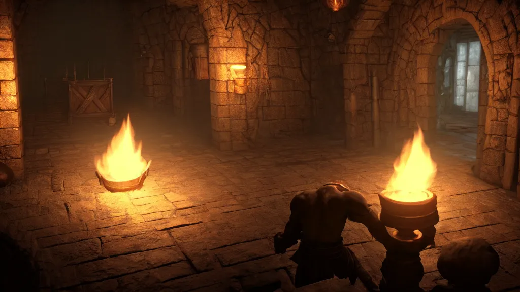 Image similar to delicious torch lit prison dungeon jail cell alchemist light magic atmospheric unreal engine hyperreallistic render 8k character concept art masterpiece screenshot from the video game the Elder Scrolls V: Skyrim moody orange 2700K global illumination