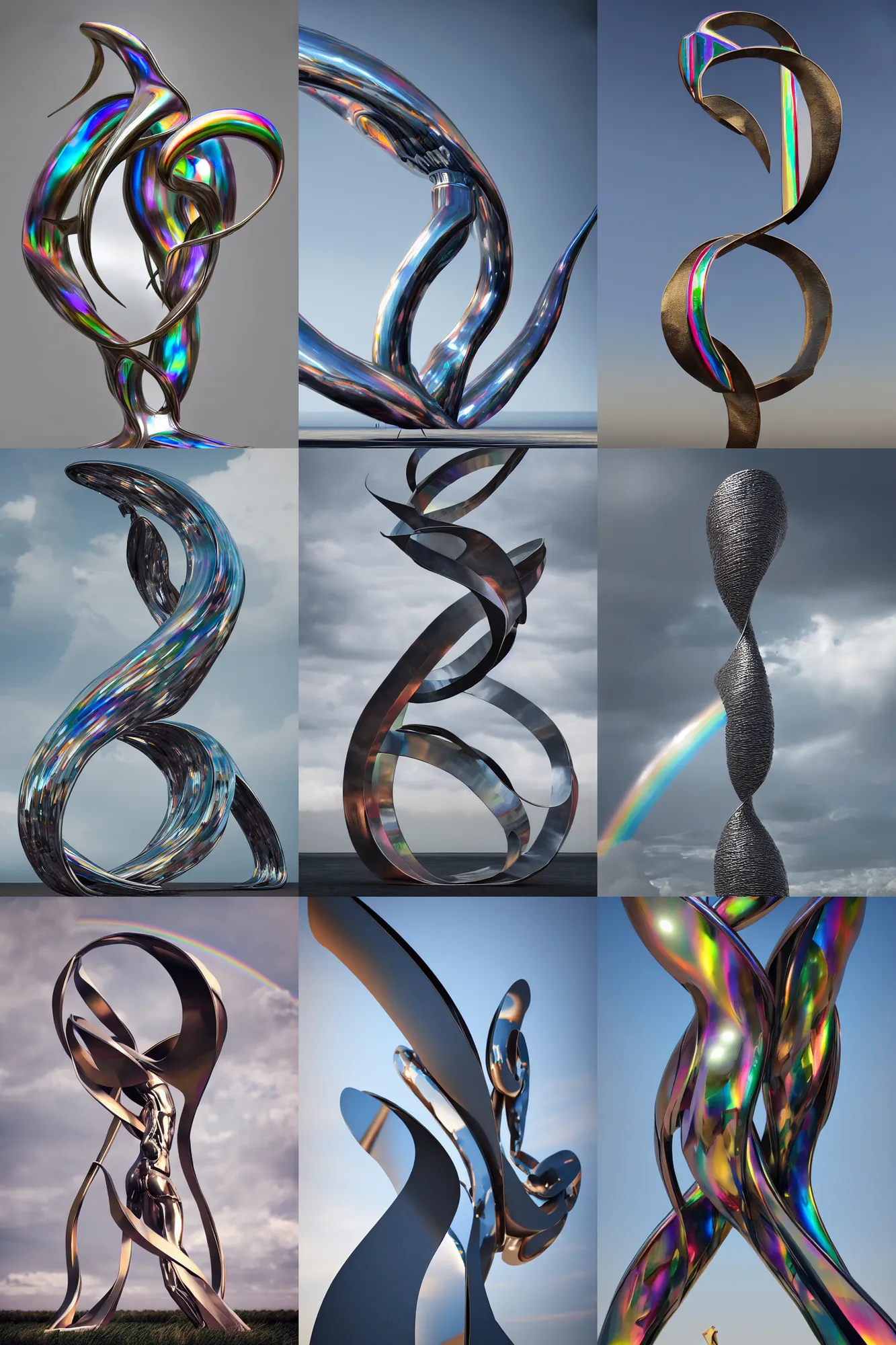 Prompt: metal curved circular sculpture with gestural forms and human parts mixed together into a monumental artwork, lifting up towards heaven, rainbow crystal reflections, style of jack storms, anthony howe, octane render, 4 k