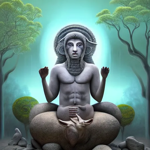 Image similar to an anthromorphic ram meditating in a zen garden with a waterfall under the blood moon, by Adi granov and afarin sajedi and amanda sage and evgeni gordiets and Agostino Arrivabene and adonna khare in a psychedelic portrait style, ultrarealistic matte painting, volumetric lighting, fractal, extremely symmetrical, highly detailed face, orisha, 8k, hd