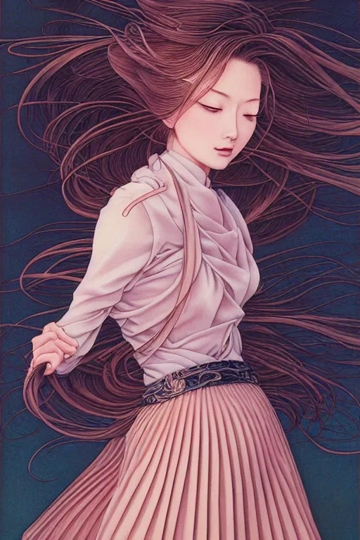 Image similar to beautiful portrait oil painting of a female, blush, pleated skirt, flowing hair, slim face, elegant, by yoichi hatakenaka, masamune shirow, josan gonzales and dan mumford, ayami kojima, takato yamamoto, barclay shaw, karol bak, yukito kishiro