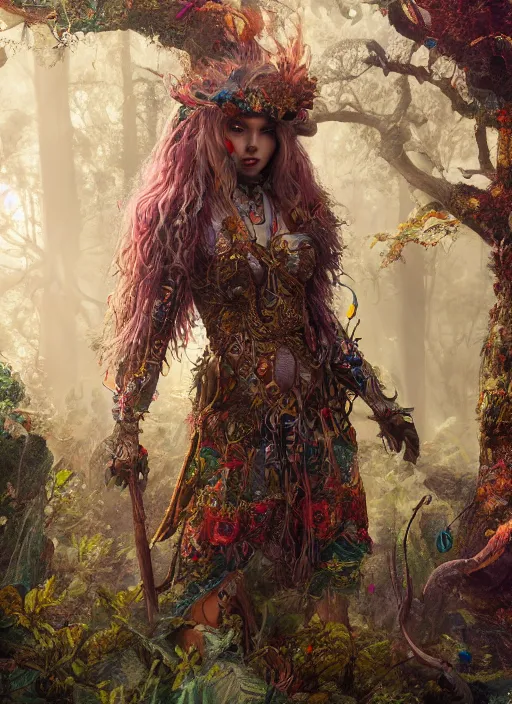 Image similar to detailed full body concept colorful fantasy painting of a forest huntress in intricate clothing, cinematic lighting, hyperdetailed, 8k, high resolution, insanely detailed and intricate, octane render