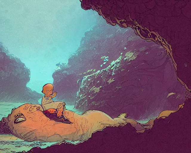 Image similar to a boy sneaking behind a giant sleeping cyclops, in a cave by the water, digital art, illustrated by james gurney and victo ngai