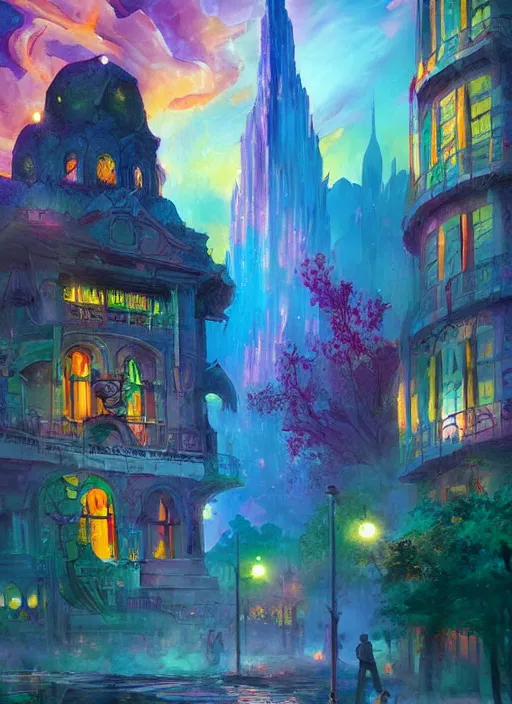 Image similar to ethereal starlit city of magic lost in time at sunset, art station, fauvism, matte painting, felix kelly, johan grenier, hd, digital painting