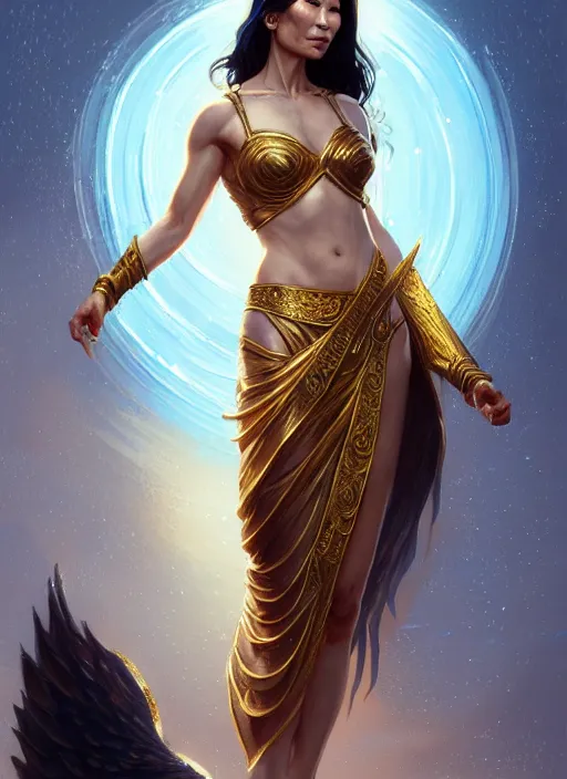 Image similar to lucy liu as greek goddess, intricate, elegant, glowing lights, highly detailed, digital painting, artstation, full figure, glamor pose, concept art, smooth, sharp focus, illustration, art by artgerm and greg rutkowski, artey freytag