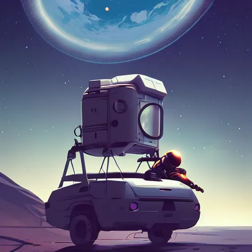 Image similar to ilustration astronaut unloading the spaceship before camping, characterized by roman shipunov, etienne hebinger, atey ghailan, cgsociety, cynical realism, fantasy art, 2 d game art