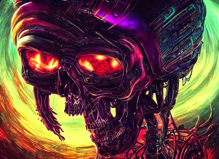 Image similar to a futuristic skull with glowing eyes and a wormhole tunnel cyberpunk art by android jones, featured on artstation, darksynth, synthwave