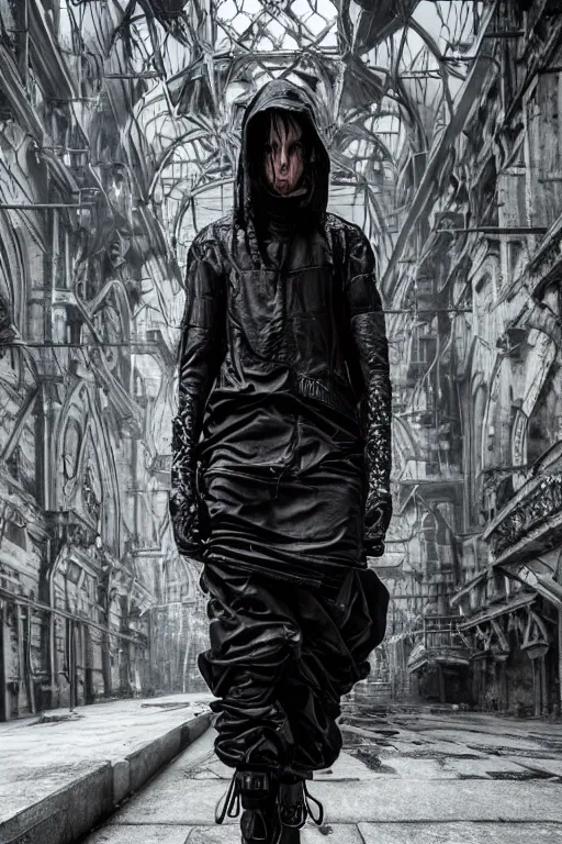 Image similar to avant garde techwear look and clothes, we can see them from feet to head, highly detailed and intricate, hypermaximalist, dystopian castle background, eerie fog, luxury, Rick Owens, Errolson Hugh, Yohji Yamamoto, Chrome Hearts, cinematic outfit photo