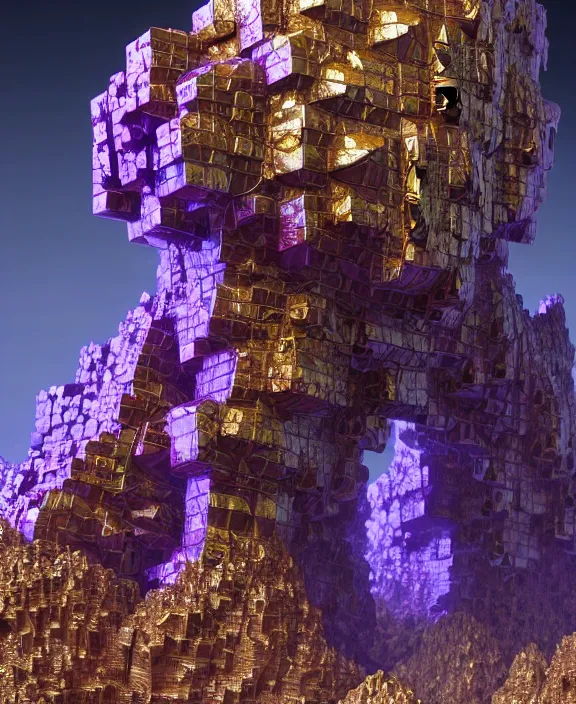 Image similar to concept art of giant fractal bismuth golem consists of bismuth geode crystals, extremely high details, masterpiece, photorealistic, hyperrealism, vray, octane render, volumetric lighting, depth of field, bokeh, artstation, cgsociety by johannen voss, michael whelan, greg broadmore, frank frazetta