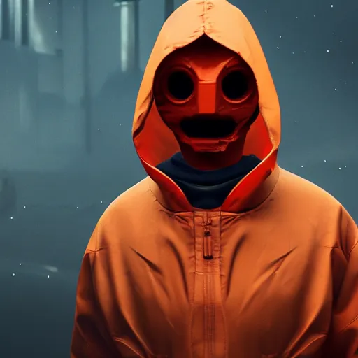 Prompt: villain wearing a red oni mask, orange hazmat suit, dark background, unreal engine 5, ultra realistic, detailed, fog, volumetric lighting, by greg rutkowski,